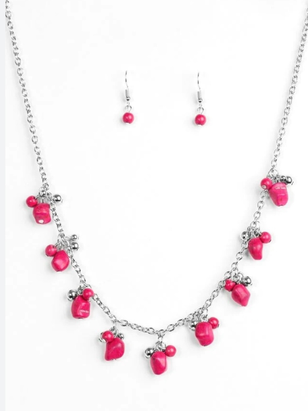 paparazzi Silver-Tone Necklace & Earring Set with Hot Pink Bead Charms